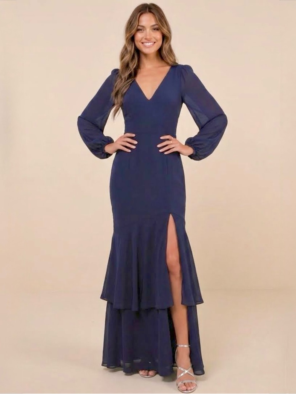Lulus Tier Elegance Navy Long Sleeve Tiered Long Maxi Dress, Size XS, NWT